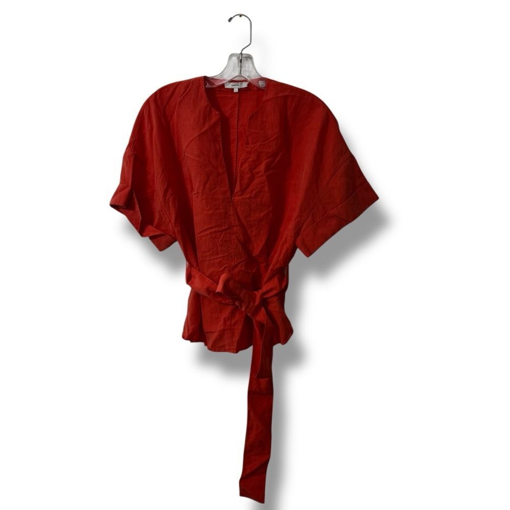 Vince Orange V-Neck Cotton Blouse Top Small Cuffed Sleeves Minimalist
